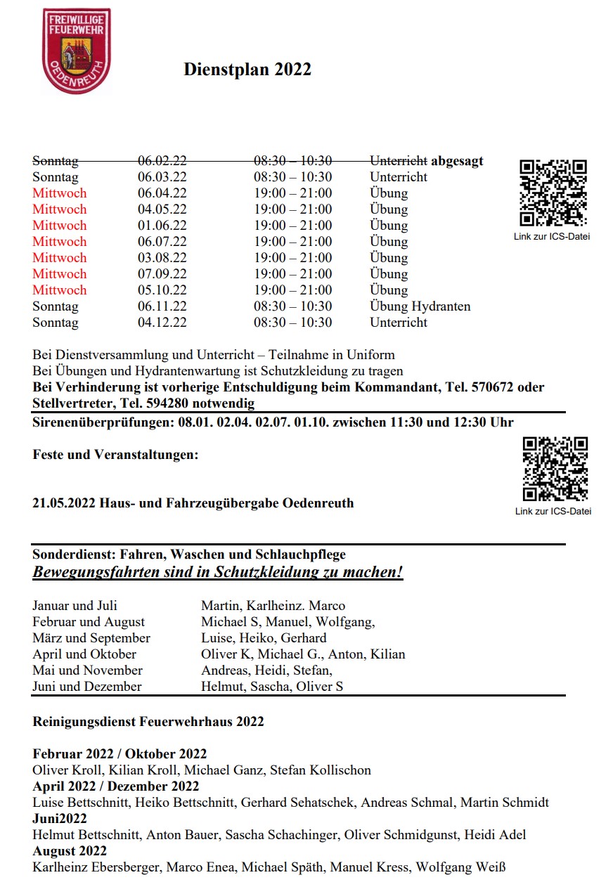 Dienstplan 2022