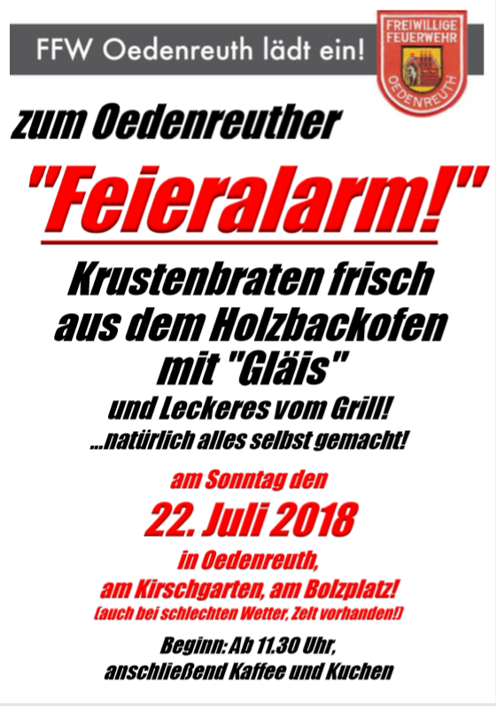 Einladung zum Oedenreuther „Feieralarm“ 2018